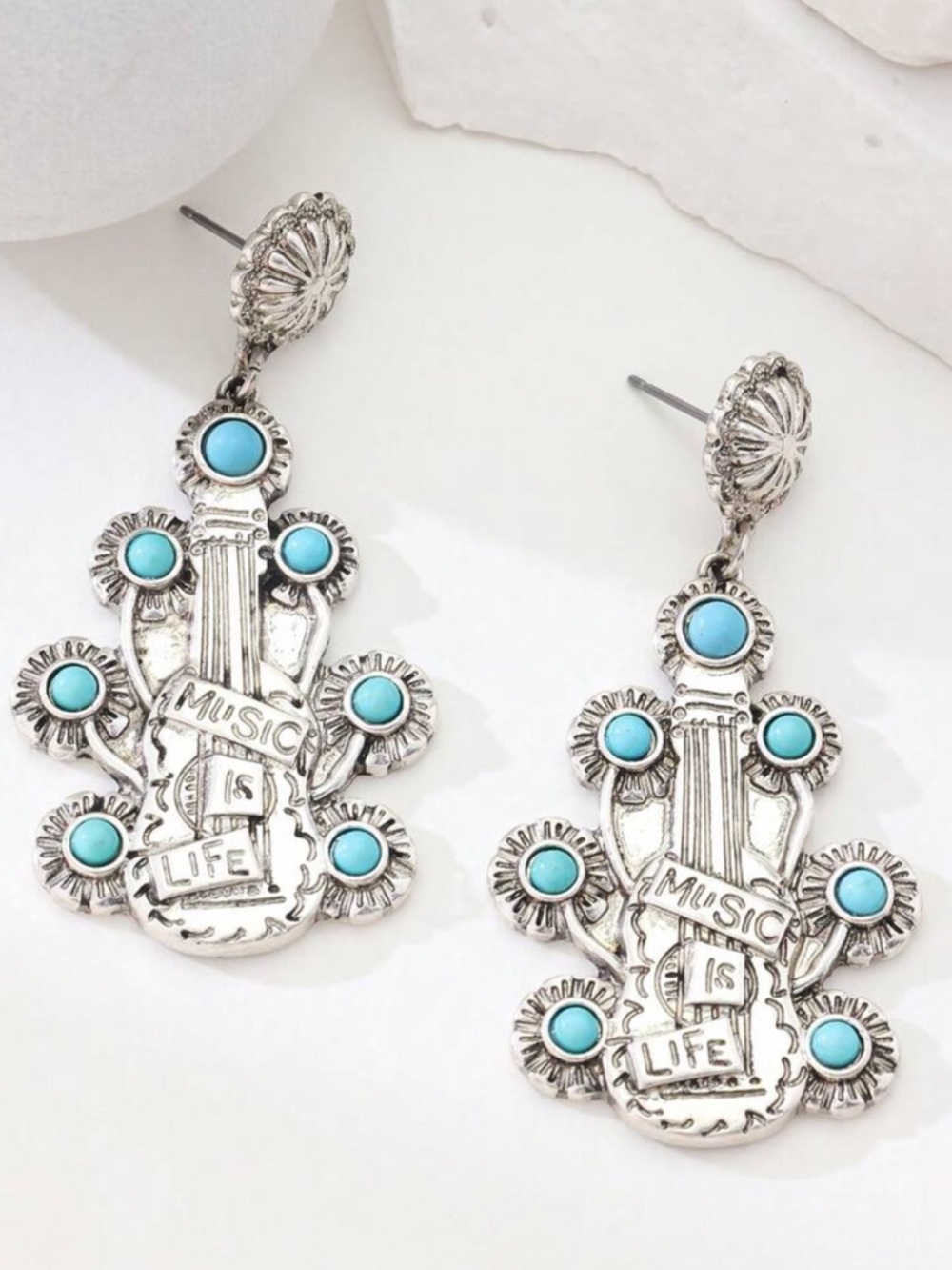 "Music Is Life " cactus Earrings with faux Turquoise Accents‎